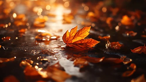 Orange autumn leaves floating on wet reflective ground.