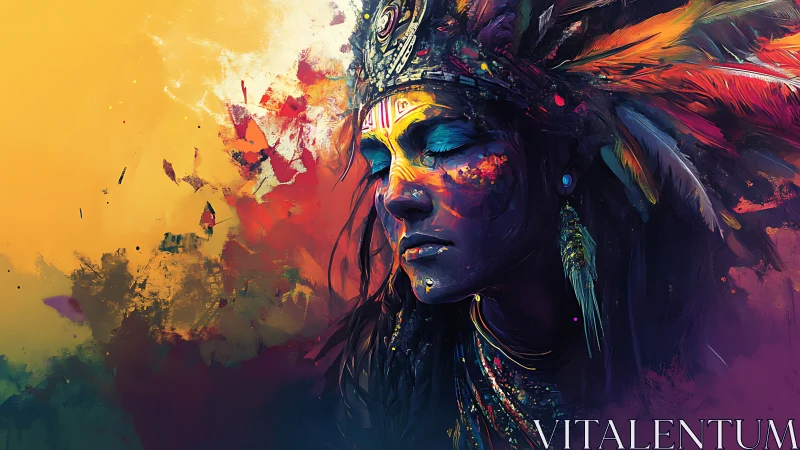 Portrait of feathered figure with closed eyes in vivid color