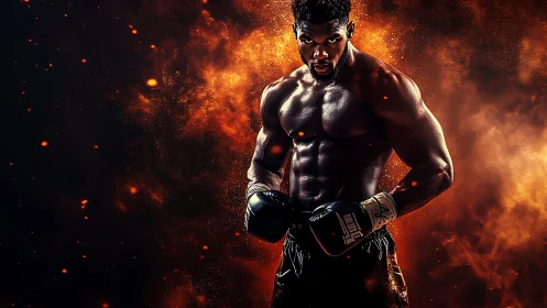 Photorealistic boxer amid inferno plume with high-contrast rim light.