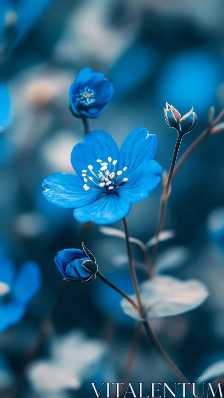 Delicate blue linum flowers with selective focus rendering botanical macro composition