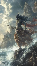 Stormbound sea deity before crumbling temple citadels.