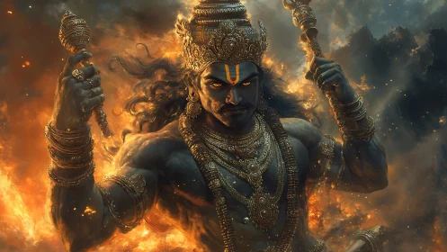 Mythic warrior deity amid flames with ornate gold armor.