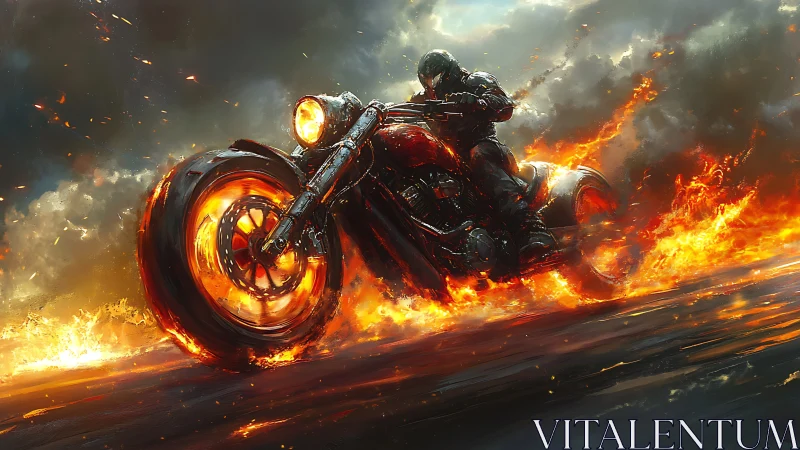 Motorcyclist racing through fire on a stormy highway.