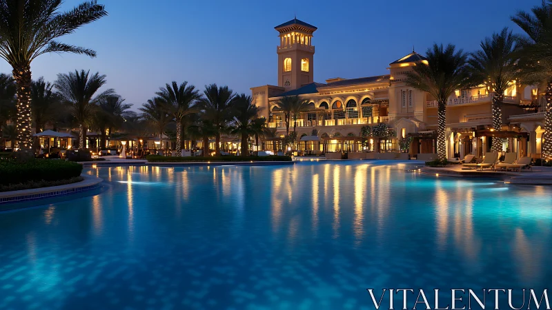 Luxury resort pool glows under deep blue twilight sky.
