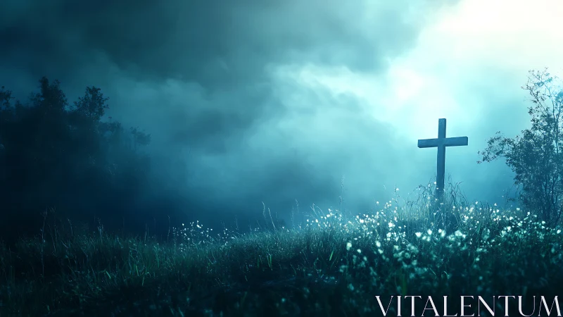 Wooden cross on misty hill under dramatic blue sky.