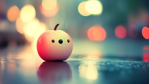Shy neon apple character basking in dreamy city bokeh glow.