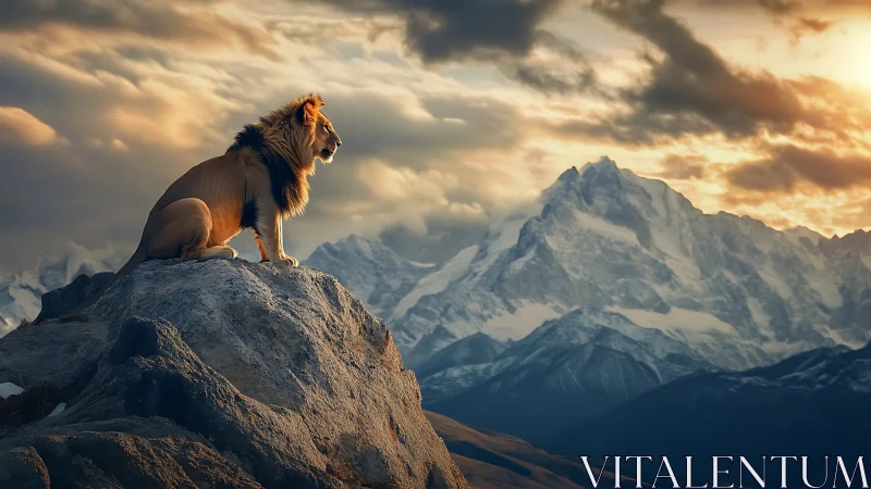Mountain king lion greeting stormlit alpine horizon.