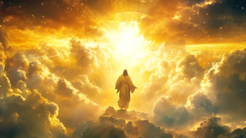 Figure in glowing robe stands before radiant golden sky