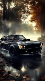 Black classic muscle car moves on wet forest road