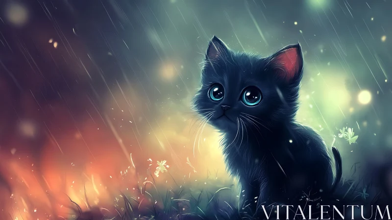 Black Kitten with Luminous Eyes in Rainy Garden Setting.