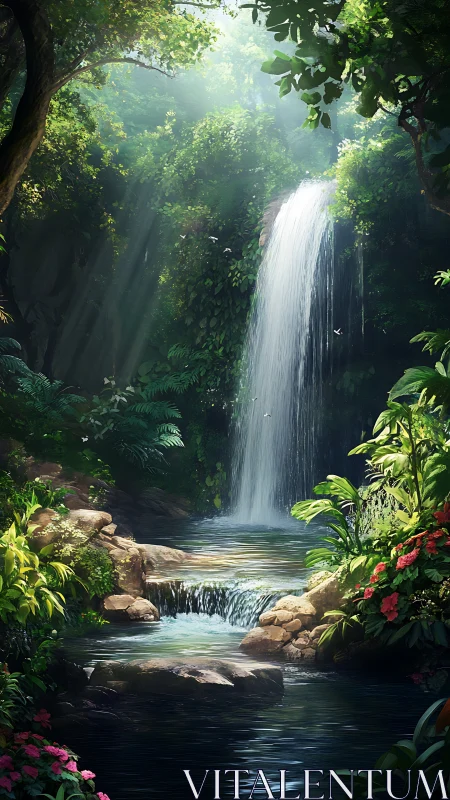 Sunlit rainforest waterfall cascades into reflective jungle pool