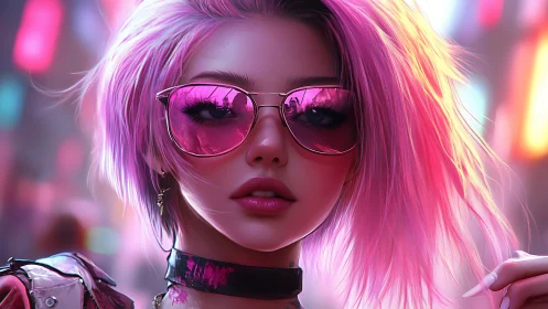 Neon-haired woman in pink visor glasses, cyber glow portrait.