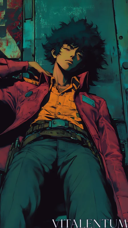 Neo-noir spacer reclines in cyan-tinted industrial gloom.