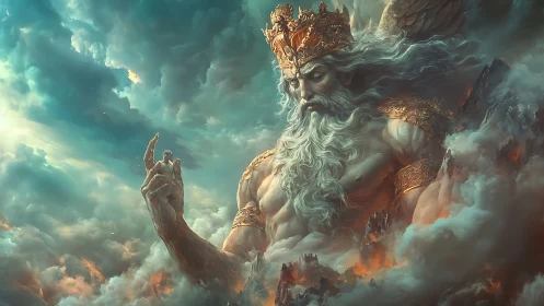Majestic sky god resting among swirling golden clouds.