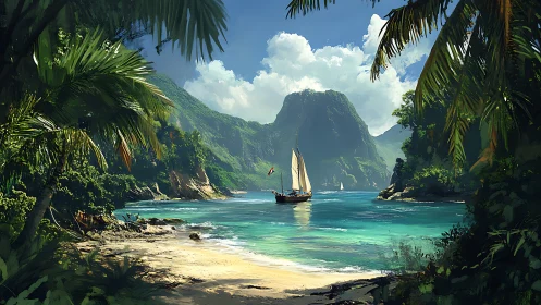 Tropical Paradise Cove With Sailboat.