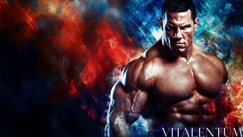 Muscular male bodybuilder dominates vivid abstract energy field