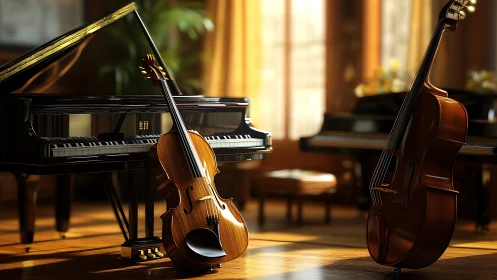 Sunlit string trio resting by a grand piano’s quiet glow.
