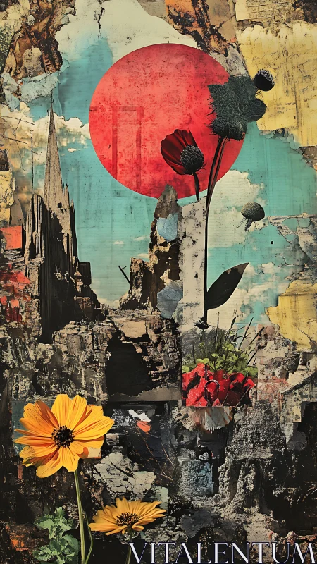 Sun-bloomed ruins beneath a colossal crimson paper moon.