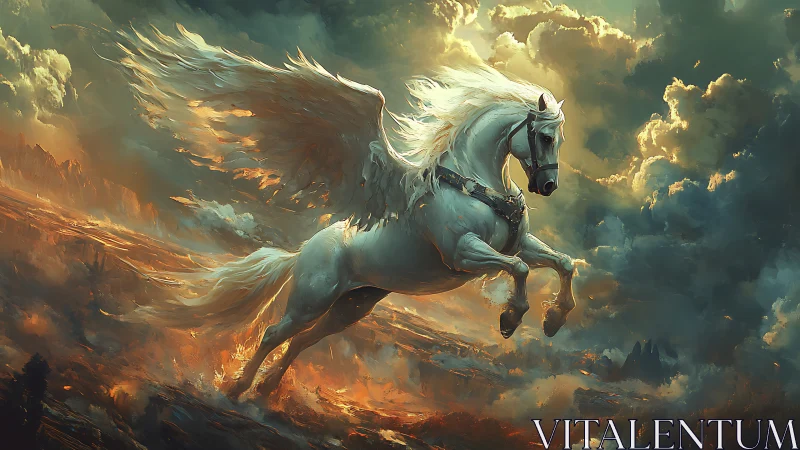 Stormlit winged horse gallops bravely through glowing skies