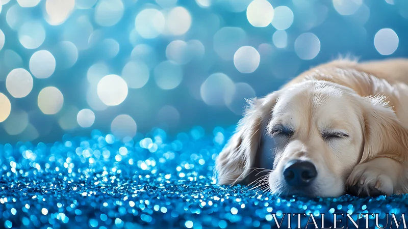 Dreamy golden retriever napping on sparkling blue starlight.