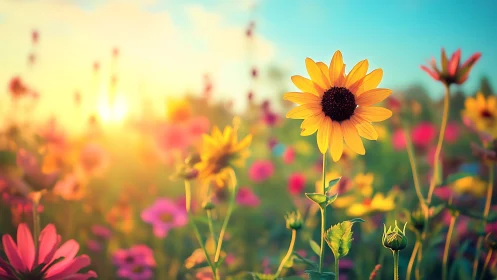 Vibrant Wildflower Field with Golden Sunlight and Shallow Depth.