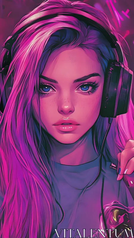Neon gamer girl lost in music and dreamy pink glow.