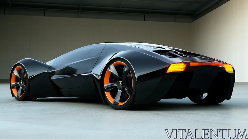 Sleek black concept supercar glowing with bold orange trim.