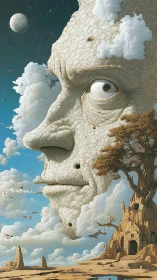 Stone cloud face formation dominates an arid fantasy landscape