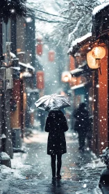 Solitary figure with umbrella crossing lantern lit snow lane.