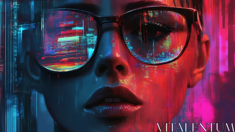 Neon-graded cyberpunk portrait shows glitch-lit glasses reflections