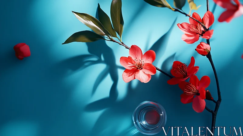 Red flowers with green foliage against blue background.