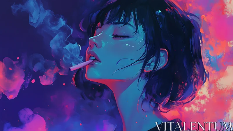 Neon-lit girl exhales dreamy smoke in electric solitude