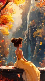 Girl in yellow dress watching autumn waterfall scene.