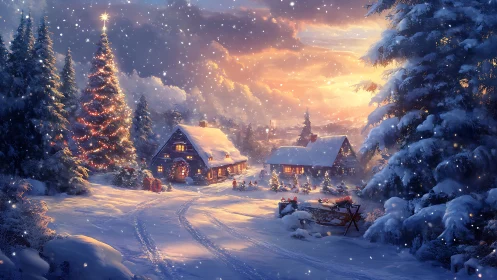 Snow-kissed Christmas cottages under ember-gold twilight sky.
