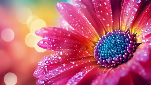 Macro photograph of pink Gerbera daisy with crystalline water droplets under warm bokeh illumination