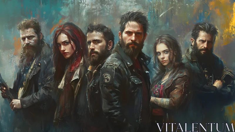 Six leather-clad figures stand aligned against textured backdrop