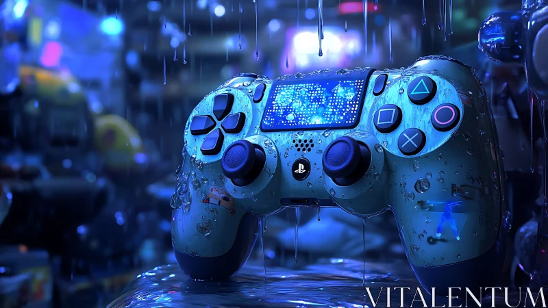 Rain-soaked dual-analog gamepad in neon blue cinematic lighting.