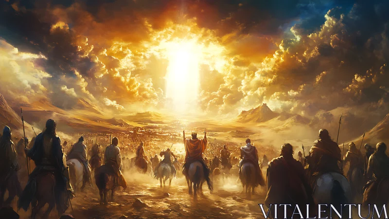 Radiant celestial pillar illuminates converging mounted army