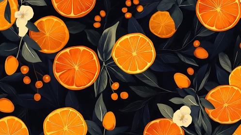 Sunny citrus slices glowing against deep night leaves.