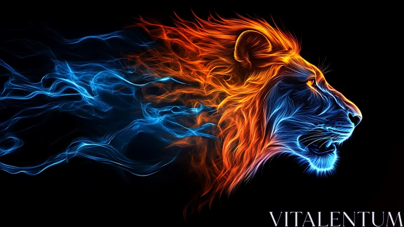 Fiery neon lion profile in blue and orange light lines.