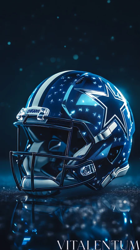 Blue star football helmet in cinematic glowing studio light.