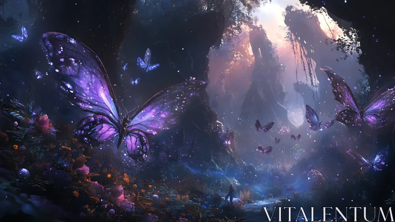 Luminescent purple butterflies drift through a misty forest