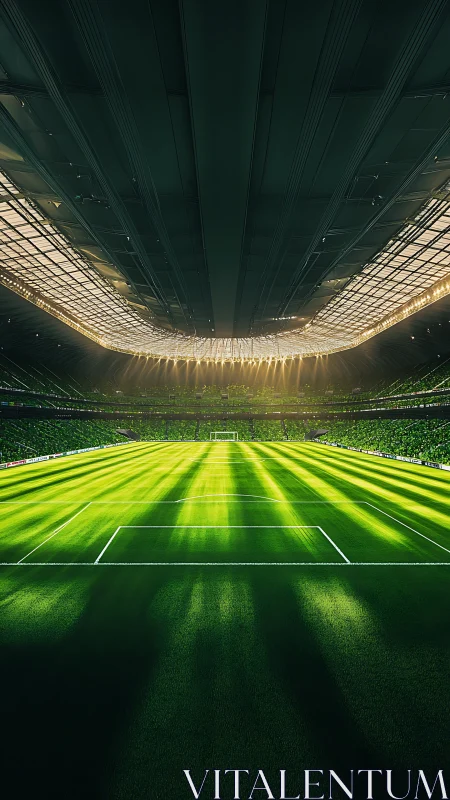 Sunlit soccer stadium ready for a bright matchday moment.