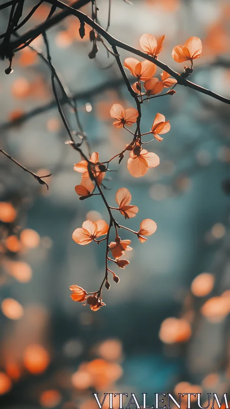 Delicate Orange Flowers Suspended on Thin Branches Against Soft Bokeh