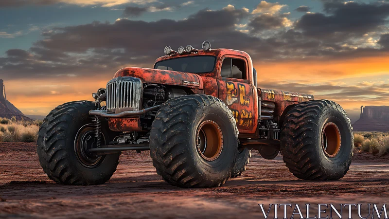 Rust-patinated monster truck dominates a cinematic desert sunset
