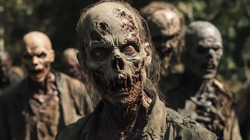 Rotting zombie horde advancing through forest clearing.
