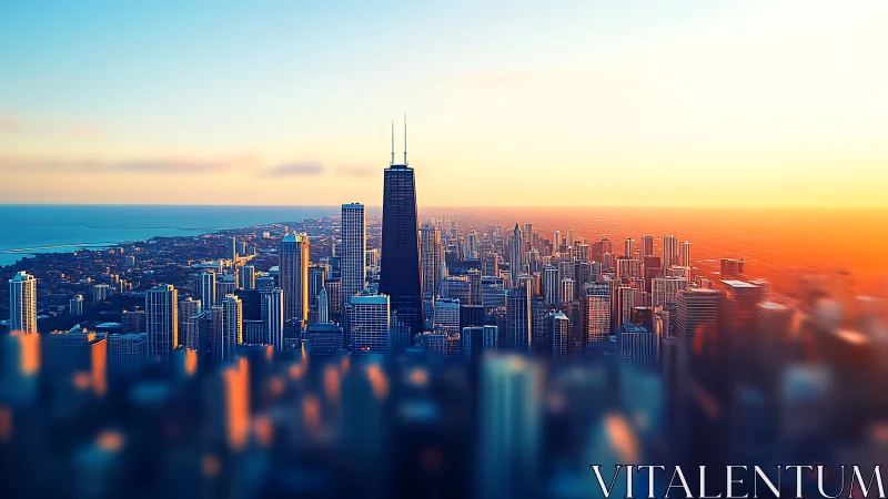 Sunlit modern skyline over coastal metropolis at dusk.