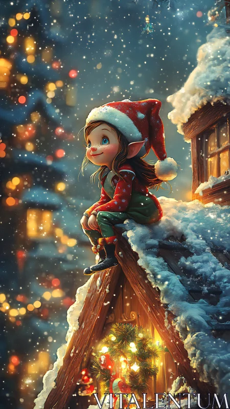 Christmas elf gazes at snowfall from a glowing rooftop.