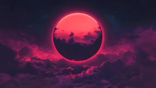 Red celestial disk above dark clouds in night sky.