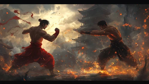 Fiery martial artists square off in a storm of sparks and smoke